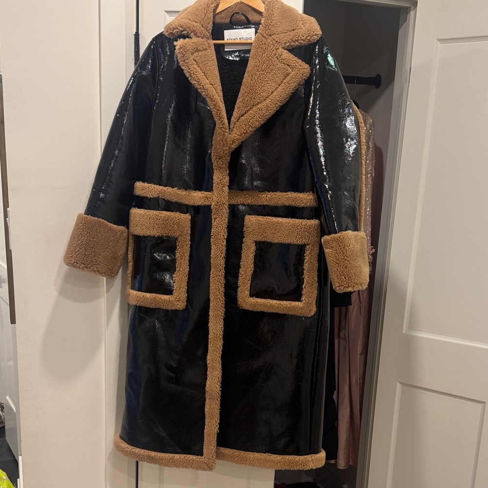 Stand Studio Black and Brown Faux Fur Coat